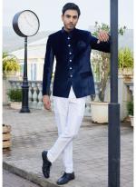 Velvet Blue Party Wear Thread Work Readymade Jodhpuri Suit(Top Only)